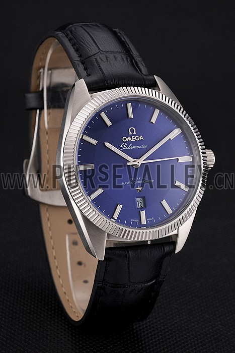 Omega Globemaster Blue Dial Stainless Steel Case Black Leather Strap