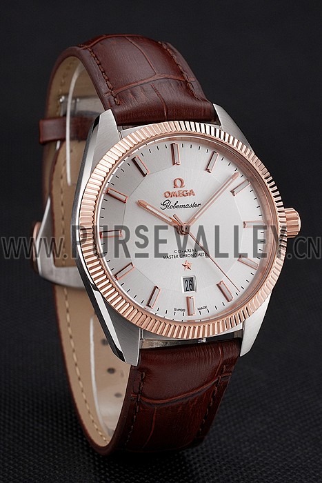 Omega Globemaster Silver Dial Rose Gold Bezel Stainless Steel Case Brown Leather Strap