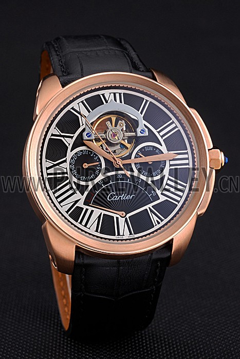 Cartier Calibre Tourbillon Black Dial Gold Case Black Leather Strap 622754