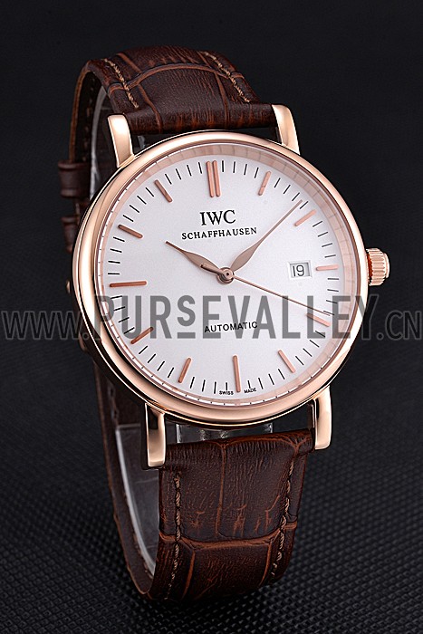 Swiss IWC Portofino Gold Case White Dial Brown Leather Bracelet 622668
