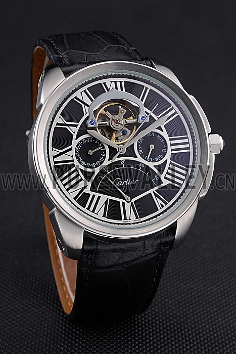 Cartier Calibre Tourbillon Black Dial Stainless Steel Case Black Leather Strap 622752