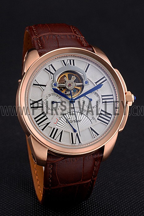 Cartier Calibre Tourbillon White Dial Gold Case Brown Leather Strap 622753
