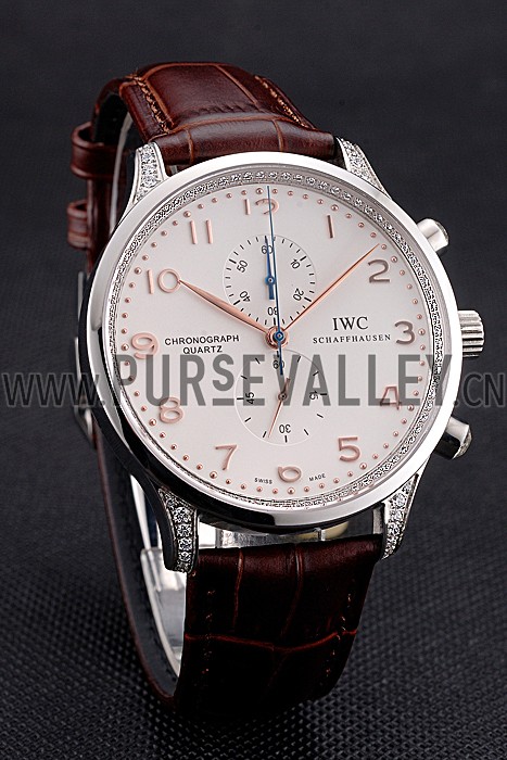 IWC Portugieser Chronograph White Dial Rose Gold Hands And Numerals Steel Case With Diamonds Brown Leather Strap