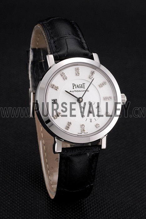 Swiss Piaget Altiplano Date Automatic White Dial Diamond Markers Stainless Steel Case Black Leather Strap