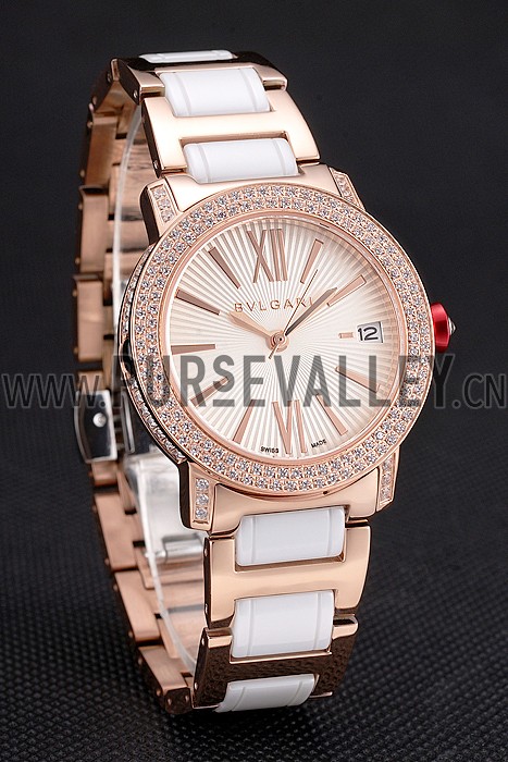 Bvlgari Bvlgari White Guilloche Dial Roman Numerals Gold Case Diamond Bezel Two Tone Bracelet