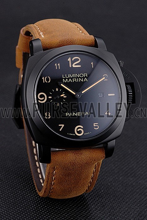 Panerai Luminor Marina 1950 Black Dial Matte Black Steel Case Brown Suede Leather Strap
