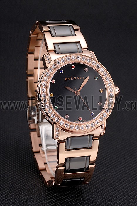 Bvlgari Bvlgari Black Dial Jewel Hourmarks Gold Case Diamond Bezel Two Tone Bracelet