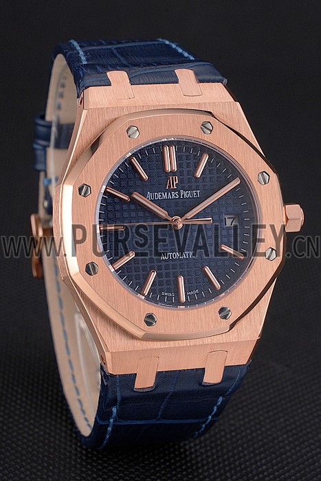 Swiss Audemars Piguet Royal Oak Blue Dial Gold Case Blue Leather Strap