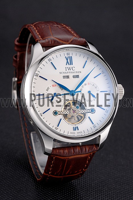 IWC Portofino Tourbillon White Dial Blue Markings Stainless Steel Case Brown Leather Strap