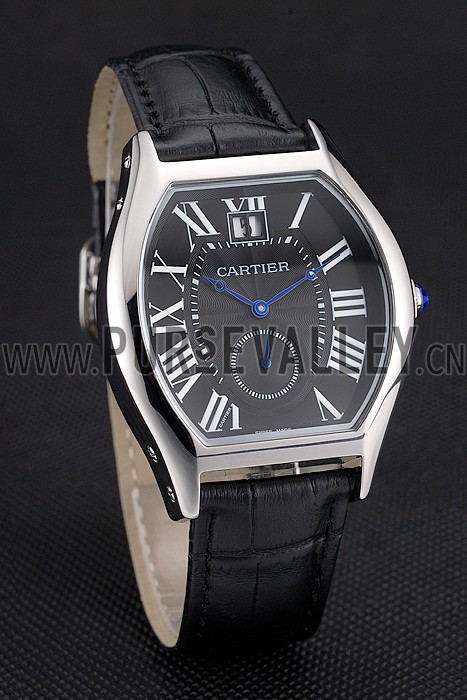 Cartier Tortue Large Date Black Dial Stainless Steel Case Black Leather Strap