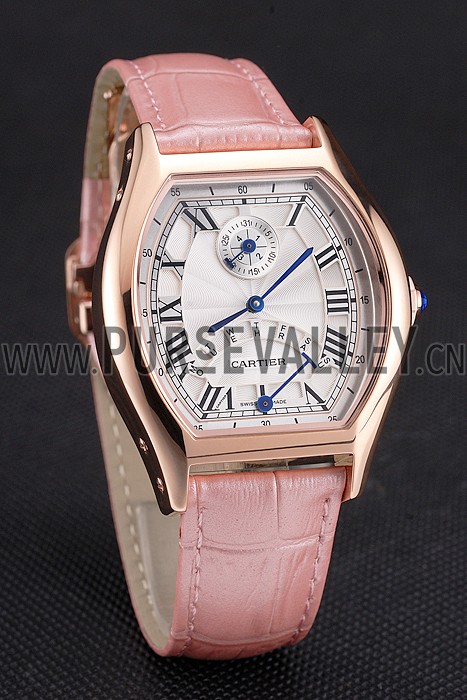 Cartier Tortue Perpetual Calendar White Dial Gold Case Pink Leather Strap