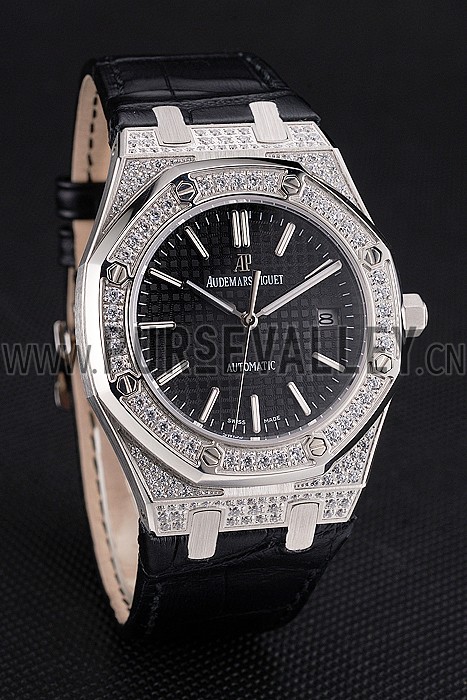 Swiss Audemars Piguet Royal Oak Black Dial Steel Case With Diamonds Black Leather Strap