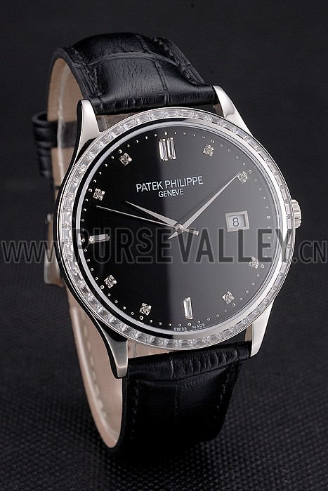 Swiss Patek Philippe Calatrava Black Dial Diamond Bezel Stainless Steel Case Black Leather Strap