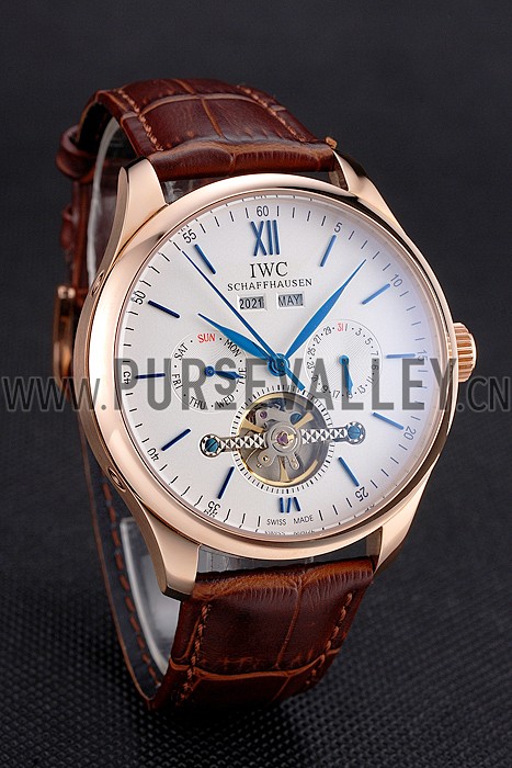 IWC Portofino Tourbillon White Dial Blue Markings Rose Gold Case Brown Leather Strap