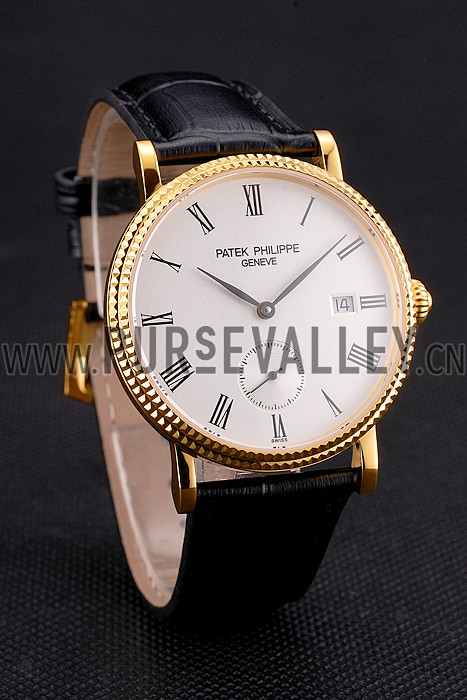 Swiss Patek Philippe Calatrava White Dial Gold Case Fluted Bezel Black Leather Strap