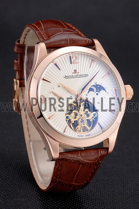 Jaeger LeCoultre Master Moonphase Tourbillon White Dial Rose Gold Case Brown Leather Strap