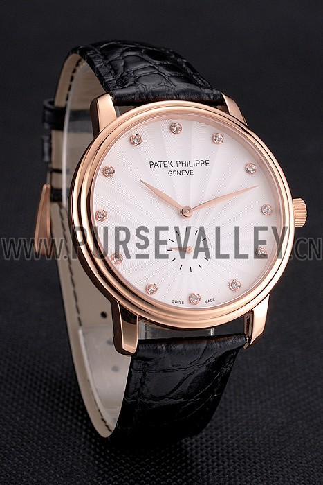Patek Philippe Calatrava White Guilloche Dial Rose Gold Case Black Leather Strap
