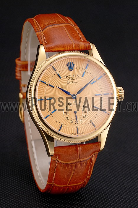 Swiss Rolex Cellini Gold Dial Blue Markings Gold Case Light Brown Leather Strap