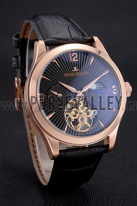 Jaeger LeCoultre Master Moonphase Tourbillon Black Dial Rose Gold Case Black Leather Strap