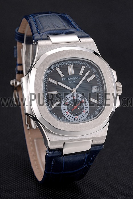Patek Philippe Nautilus Blue Dial Stainless Steel Case Blue Leather Strap