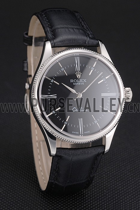 Swiss Rolex Cellini Black Dial Roman Numerals Stainless Steel Case Black Leather Strap