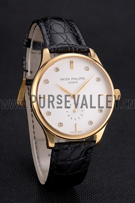 Patek Philippe Calatrava White Dial Diamond Markings Gold Case Black Leather Strap