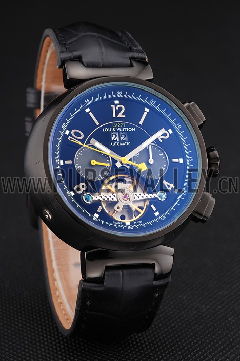 Louis Vuitton Tambour LV277 Tourbillon Black Dial Black PVD Case Black Leather Strap