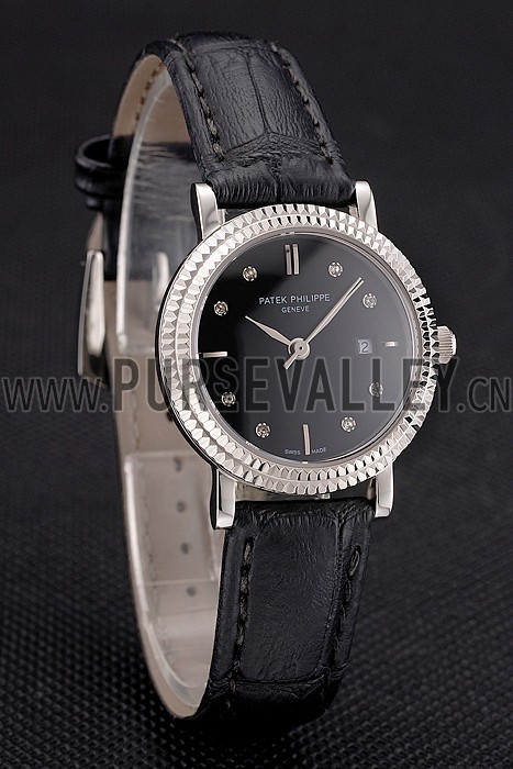 Patek Philippe Calatrava Black Dial Diamond Hour Marks Double Ribbed Bezel Stainless Steel Case Black Leather Strap