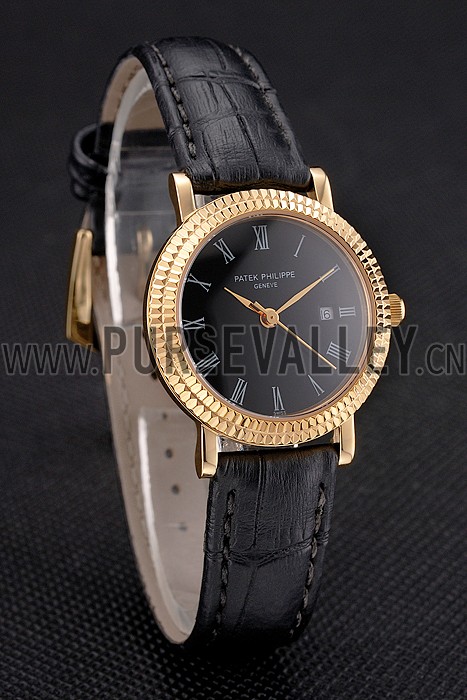 Patek Philippe Calatrava Black Dial Roman Numerals Double Ribbed Bezel Gold Case Black Leather Strap