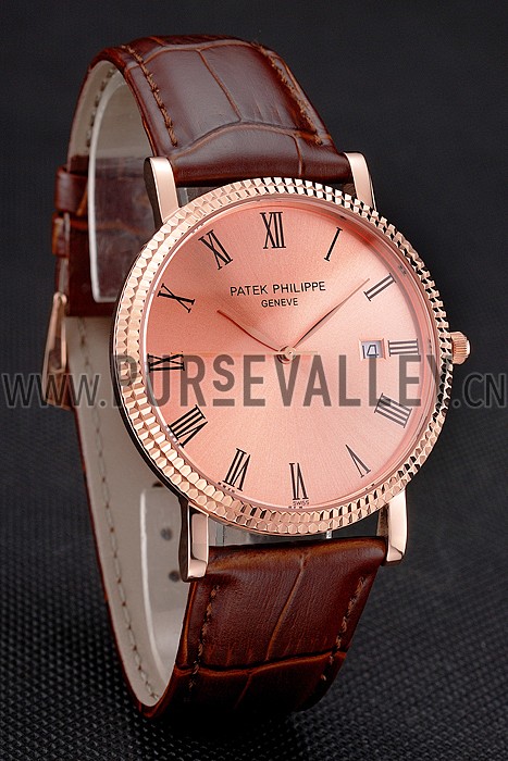 Patek Philippe Calatrava Rose Gold Dial Roman Numerals Ribbed Bezel Rose Gold Case Brown Leather Strap