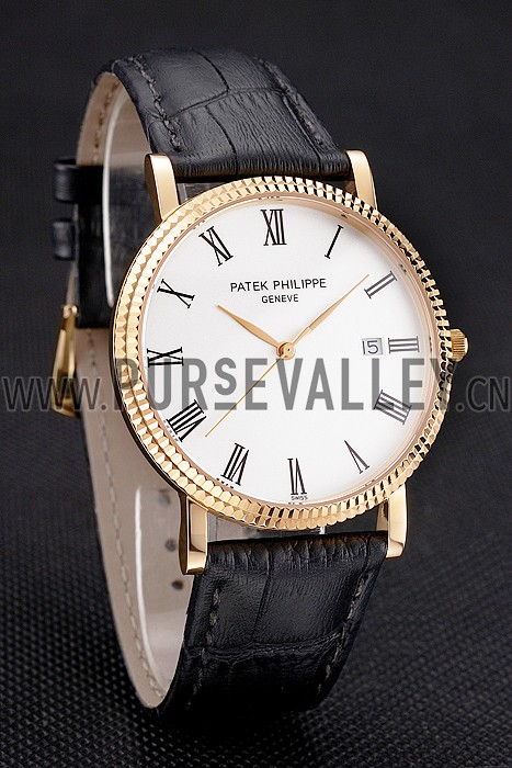 Patek Philippe Calatrava White Dial Roman Numerals Ribbed Bezel Gold Case Black Leather Strap