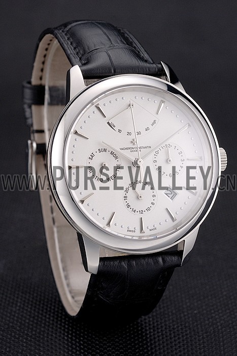 Swiss Vacheron Constantin Traditionnelle Power Reserve White Dial Stainless Steel Case Black Leather Strap