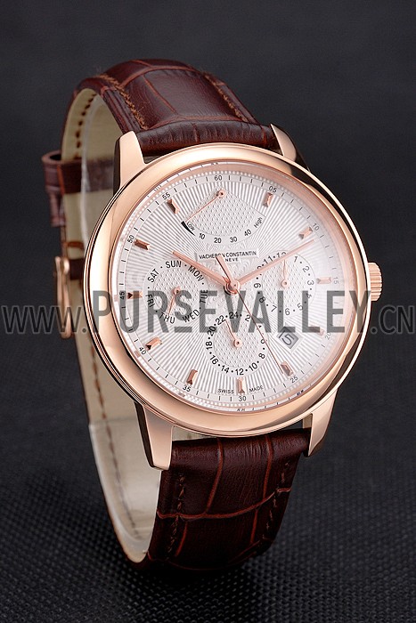 Swiss Vacheron Constantin Traditionnelle Power Reserve White Dial Rose Gold Case Brown Leather Strap