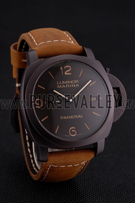 Swiss Panerai Luminor Marina 1950 3 Days Brown Dial Black Case Brown Leather Strap