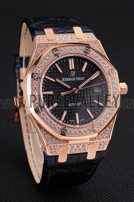 Swiss Audemars Piguet Royal Oak Black Dial Gold Case With Diamonds Black Leather Strap