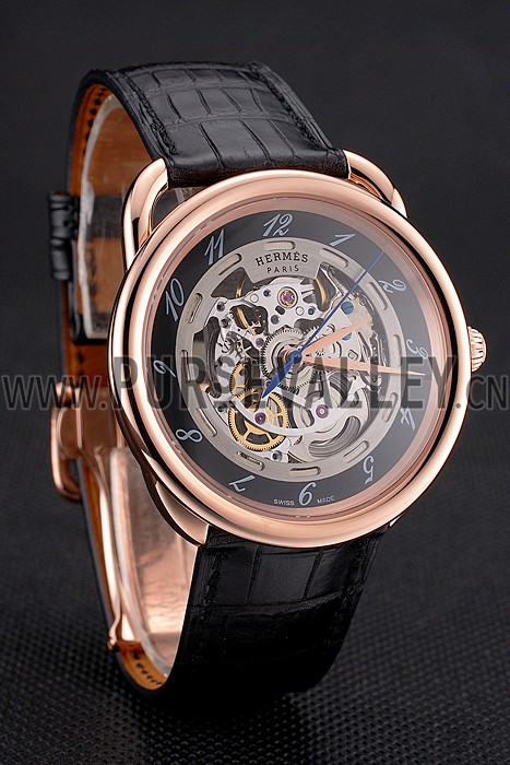 Swiss Hermes Arceau Skeleton Black Dial Brown Hands Rose Gold Case Black Leather Strap