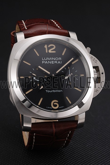 Panerai Luminor 1950 Tourbillon GMT Black Dial Stainless Steel Case Brown Leather Strap