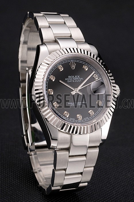 Swiss Rolex Datejust Black Dial Dimond Hour Marks Stainless Steel Case And Bracelet