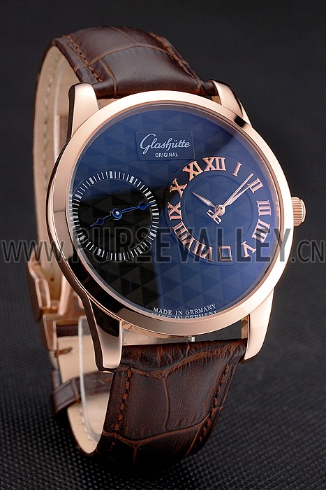 Glashutte Original Black Dial Rose Gold Case Brown Leather Strap