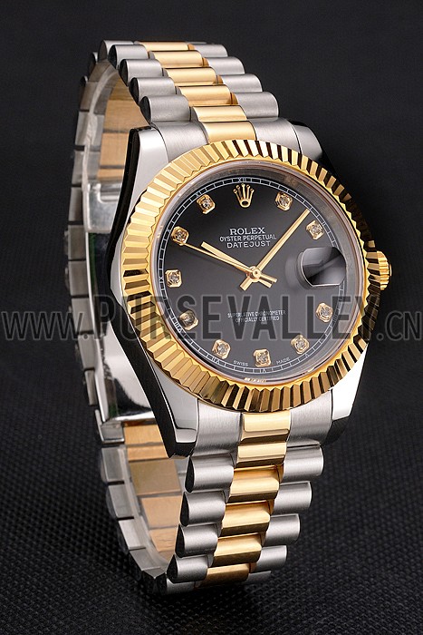 Swiss Rolex Datejust Black Dial Stainless Steel Case Gold Bezel Two Tone Bracelet