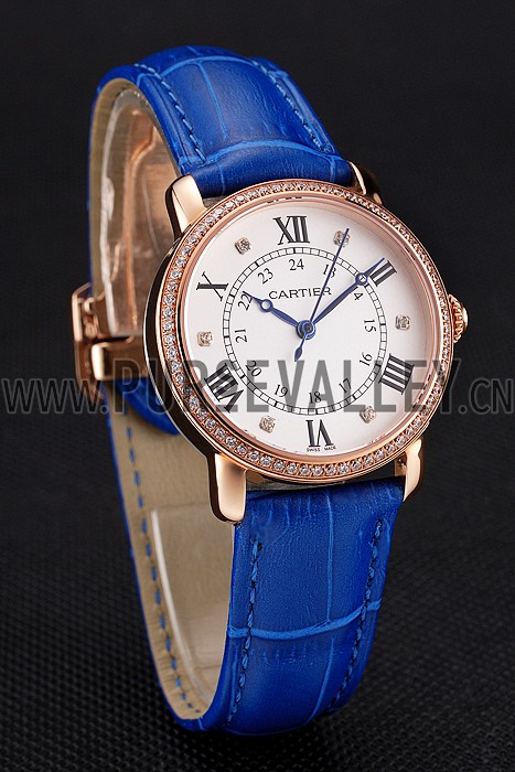 Cartier Ronde White Dial Diamond Bezel Rose Gold Case Blue Leather Strap