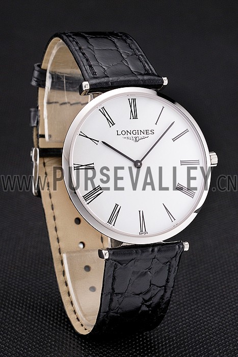 Swiss Longines Grande Classique White Dial Roman Numerals Stainless Steel Case Black Leather Strap