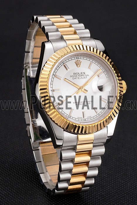 Swiss Rolex Datejust White Dial Gold Bezel Stainless Steel Case Two Tone Gold Bracelet