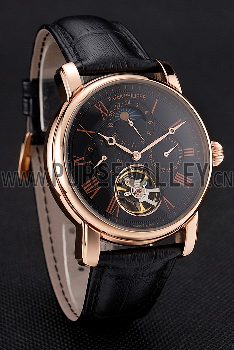 Patek Philippe Grand Complications Moonphase Perpetual Calendar Tourbillon Black Dial Rose Gold Case Black Leather Strap