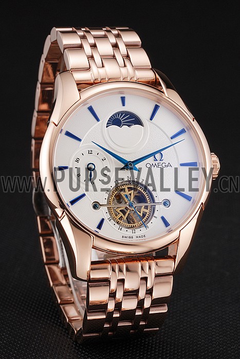 Omega De Ville Moonphase Tourbillon White Dial Blue Hands Rose Gold Case And Bracelet