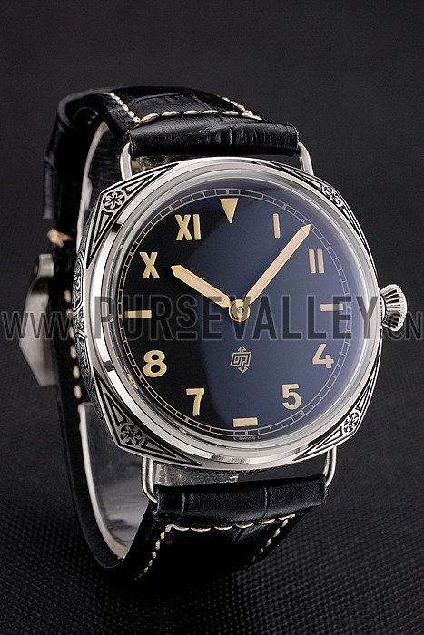 Panerai Radiomir Firenze PAM604 Black Dial Roman Numerals Engraved Stainless Steel Case Black Leather Strap