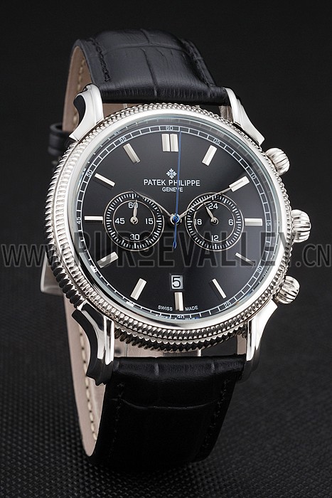 Patek Philippe Chronograph Black Dial Stainless Steel Case Black Leather Strap
