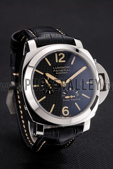 Panerai Luminor Automatic Power Reserve Black Embossed Dial Stainless Steel Case Black Leather Strap