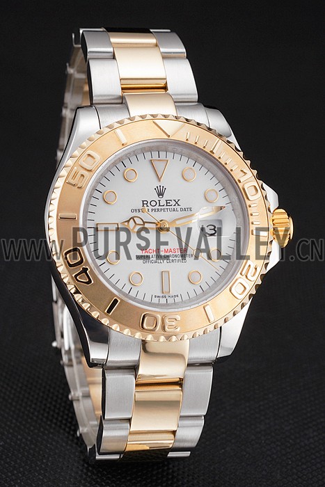 Swiss Rolex Yacht-Master White Dial Gold Bezel Stainless Steel Case Two Tone Bracelet