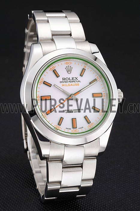 Swiss Rolex Milgauss White Dial Orange Markings Stainless Steel Case And Bracelet